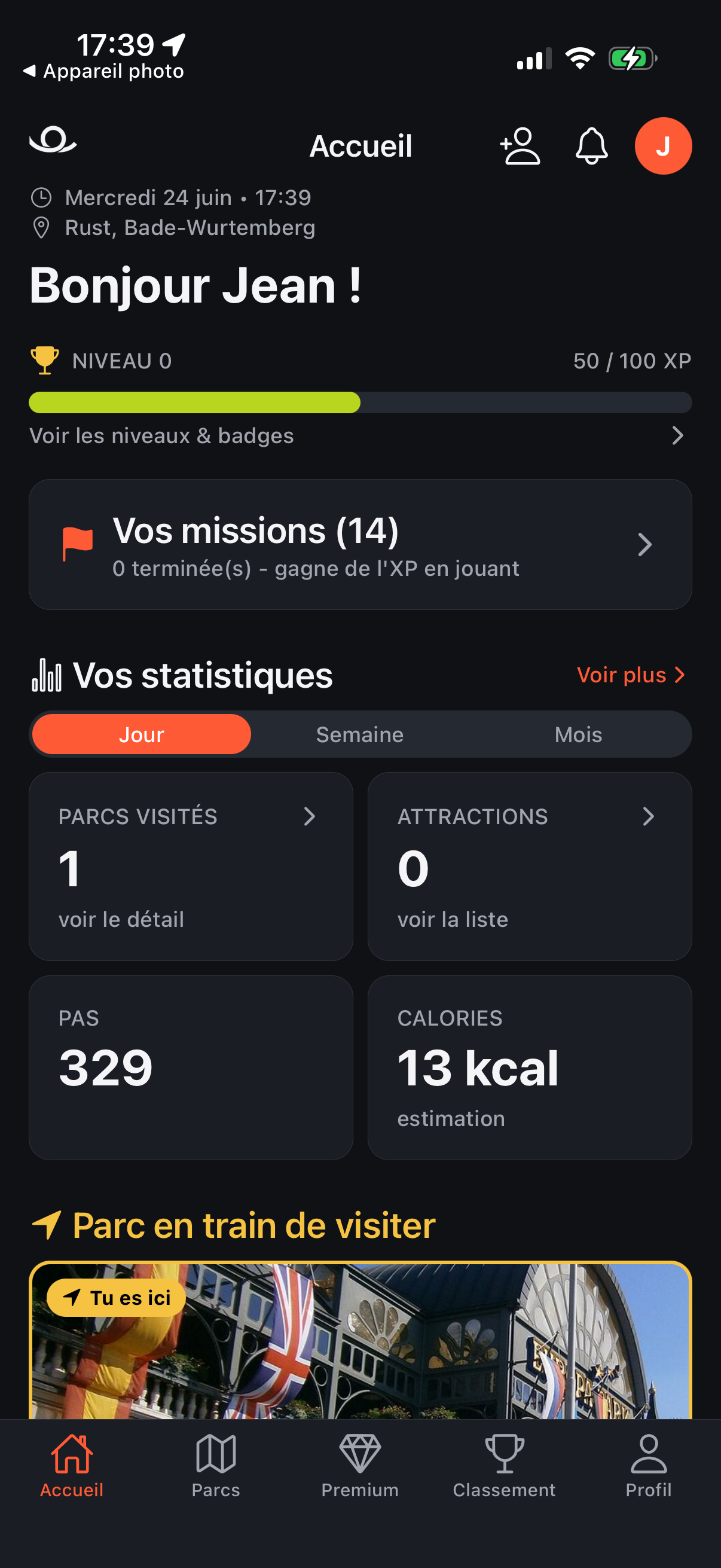 Écran d'accueil de l'application ParkTracker